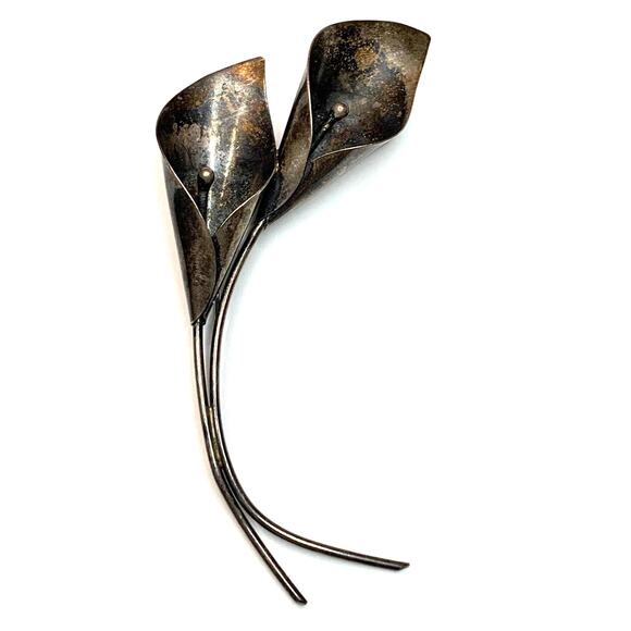 Vintage Stuart Nye Sterling Silver Double Cala Lily Brooch Pin - Picture 1 of 8